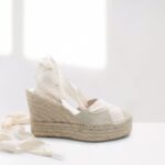 women's wedge espadrille with platform with beige ribbons